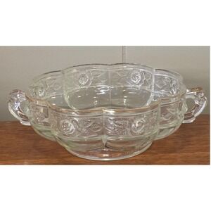 Vintage Jeannette Glass Aztec Rose Pattern Embossed‎ Footed Serving Bowl Handles